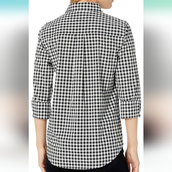 Gingham black & white plaid 3/4 sleeve checkered button up blouse size small - Picture 2 of 10
